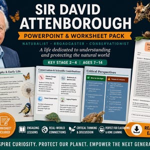 Könnte beinhalten: Werbebild für ein Sir David Attenborough PowerPoint- und Arbeitsblatt-Paket. Das Bild zeigt ein Porträt von Sir David Attenborough sowie Lehrmaterialien, Tierillustrationen und den Text "Inspiriere Neugier. Schütze unseren Planeten."