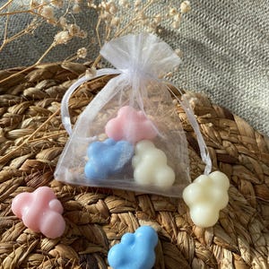 Può includere: Cera profumata a forma di nuvola in rosa, blu e bianco, presentata in un sacchetto di organza bianco. Diverse cere sono sparse su una superficie intrecciata, creando un'estetica pastello.