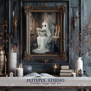 Ghost Reading Newspaper on Toilet Print | Dark Academia | Whimsical Ghost Bathroom Portrait Halloween Printable | Vintage Poster Wall Art