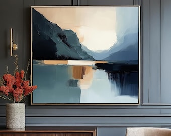 Abstract Mountain Lake Painting – Modern Blue Landscape Canvas Print, Minimalist Wall Art, Nature-Inspired Home Decor, Contemporary Art