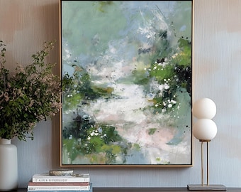 Green Botanical Abstract Art Print Blue Floral Wall Decor Modern Nature Painting Impressionist Soft Brushstrokes Abstract Framed Art Prints
