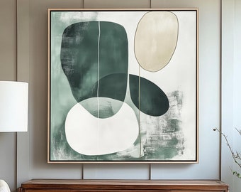 Geometric Abstract Wall Art – Green Minimalist Canvas, Neutral Contemporary Painting, Modern Home or Office Decor - Wabi Sabi Wall Art Decor