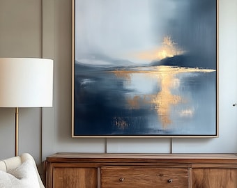Abstract Gray Blue Gold Wall Art, Soft Colors Landscape Canvas Print, Minimalist Modern Decor, Living Room Wall Art Contemporary Home Art