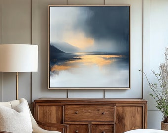Abstract Gray Blue Gold Wall Art, Soft Colors Landscape Canvas Print, Elegant Modern Wall Decor, Contemporary Living Room Art Abstract Decor