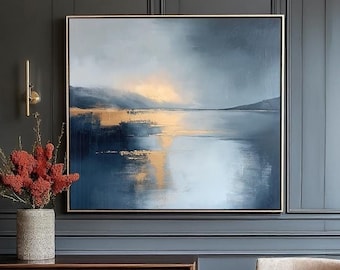 Abstract Blue and Gold Art Print - Modern Landscape Painting - Large Canvas Wall Art for Living Room - Abstract Ocean Painting Wall Art