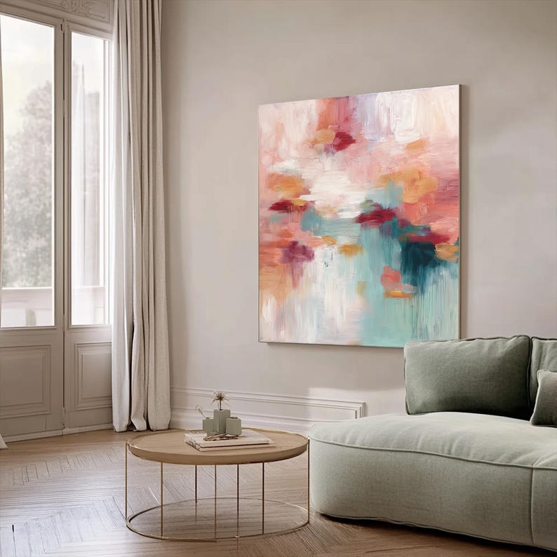Large Abstract Wall Art Print Coral Pink Teal Peach Canvas Modern ...