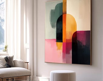 Color Block Abstract Wall Art Bold Geometric Minimalist Modern Print, Pink Orange Black Canvas Prints Bedroom Living Room Decor Painting
