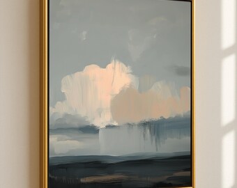 May include: Abstract landscape painting in a gold frame. The artwork features a cloudy sky with shades of gray, white, and peach. The lower portion depicts a dark, muted landscape.