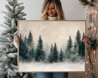 Winter Forest Canvas Art Print – Snowy Pine Tree Art for Living Room – Minimalist Nordic Winter Landscape Wall Decor Vintage Christmas Tree