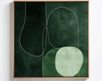 May include: Abstract art print with a green background and white and gold lines. The print features a large, light green circle in the centre.