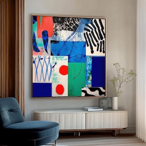 Colorful abstract shapes painting print, above bed playful modern art for home, vibrant decorative wall decor in fun contemporary style art