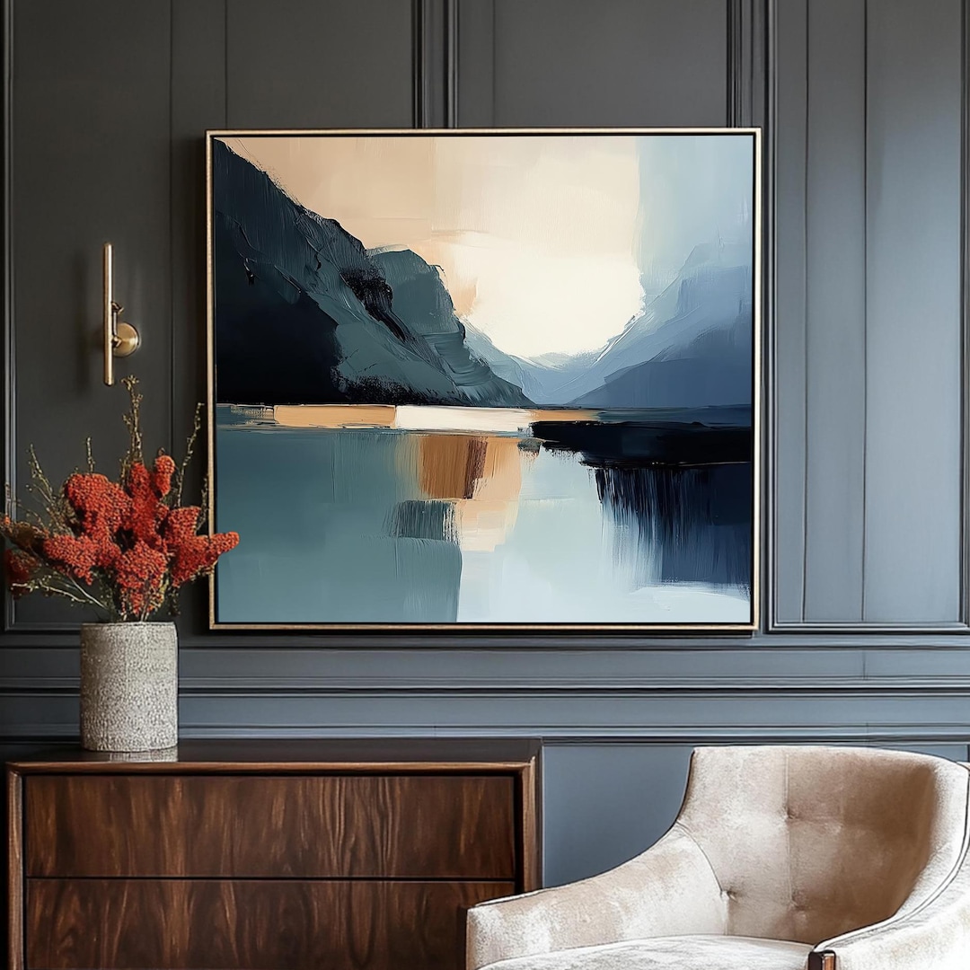 Abstract Mountain Lake Painting – Modern Blue Landscape Canvas Print ...