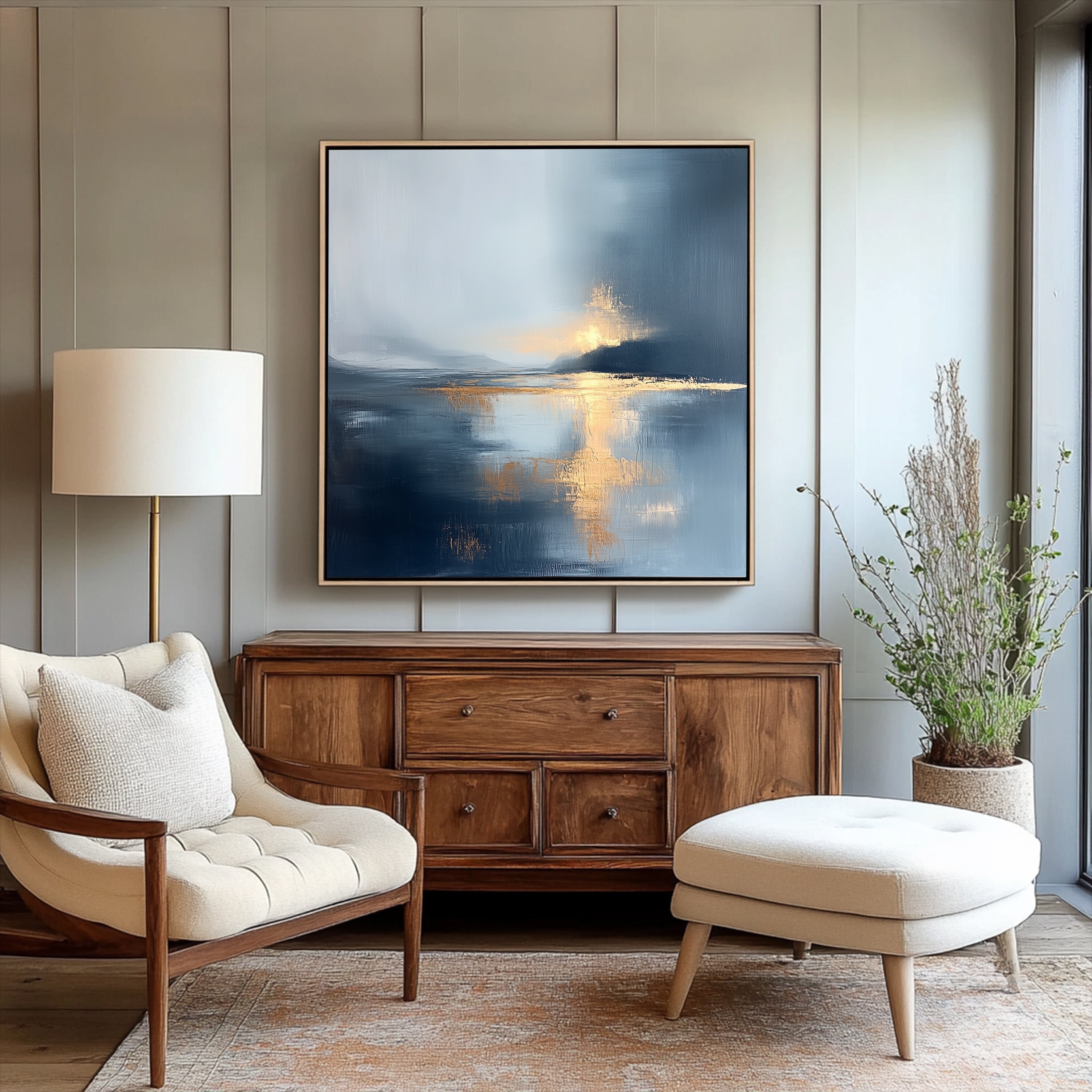 Abstract Gray Blue Gold Wall Art, Soft Colors Landscape Canvas Print, Minimalist Modern Decor, Living Room Wall Art Contemporary Home Art