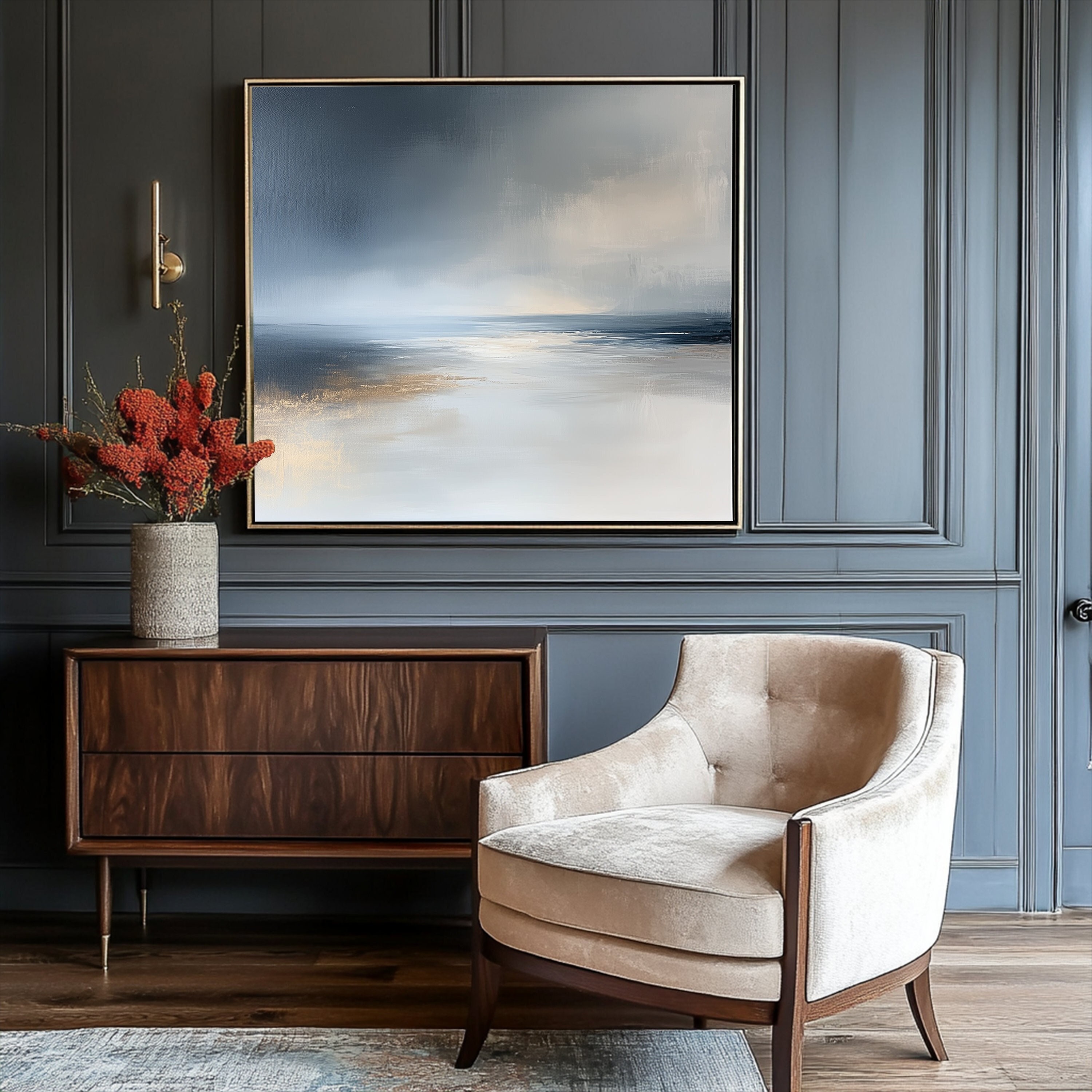 Nature Skyline Wall Art, Abstract Blue Gray Decor Canvas Print, Square Minimalist Home Wall Art, Modern Farmhouse Living Room Canvas Print