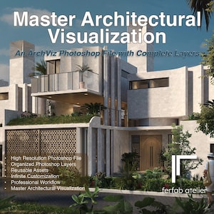 Puede incluir: Una ilustración digital de una casa moderna con un techo verde y una valla blanca. El texto "Master Architectural Visualization" está en la parte superior de la imagen. El texto "An Arch Viz Photoshop File with Complete Layers" está debajo del título. El texto "High Resolution Photoshop File, Organized Photoshop Layers, Reusable Assets, Infinite Customization, Professional Workflow, Master Architectural Visualization" está listado en una columna en el lado izquierdo de la imagen. El texto "ferfab atelier" está en la parte inferior de la imagen.