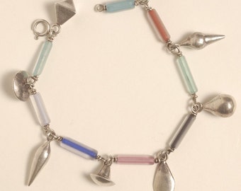 Vintage Glass Bead and Sterling Silver Charm Bracelet. SALE