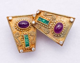 Vintage GIKAS 18K Diamond, Ruby and Emerald Earrings