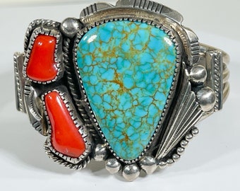 J Draper Navajo Sterling Cripple Creek Turquoise and Coral Bracelet