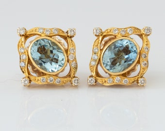 Gorgeous OOAK Vintage Aquamarine and Diamond 22K Earrings