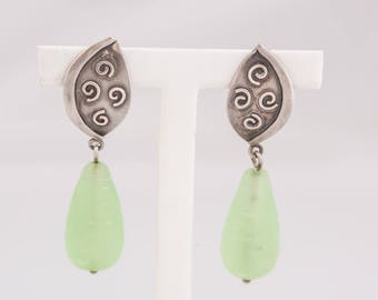 Gorgeou Vintage Artisan Sterling and Green Hand Made Glass Earrings