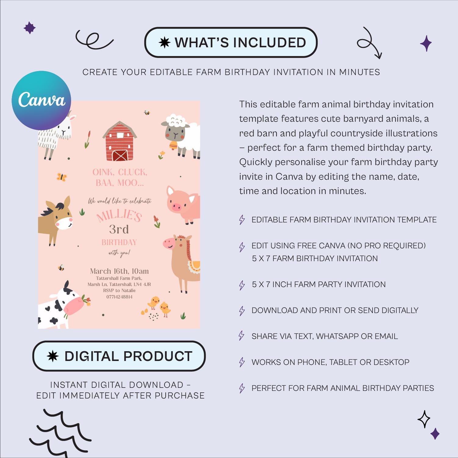 Editable Farm Birthday Invitation | Barnyard Animal Party Invite (canva ...