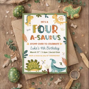 May include: A children's birthday invitation with a dinosaur theme. The invitation reads "He's a Four A-Saurus" and "Stomp Over to Celebrate Luke's 4th Birthday". The design includes dinosaur illustrations, cookies, and green speckled eggs, arranged on a wooden background.