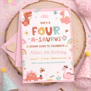 Four-A-Saurus 4th Birthday Invitation | Pastel Dino Party, Editable Canva Template