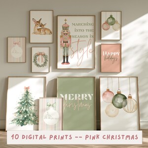 Pastel Christmas Wall Art Set of 10 | Pink Holiday Prints | Modern Nutcracker & Tree Decor