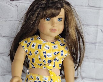 18 inch Doll Clothes - Yellow Nautical Flags Reversible Tie-Front Crop Top - fits American Girl (SHIRT ONLY)
