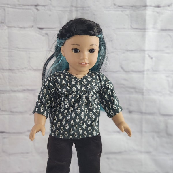 18 inch Doll Clothes - Florence Poet Top - GREEN IVORY - fits American Girl