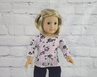 18 inch Doll Clothes - Pink Striped and Floral 3/4 length Sleeve T-shirt - fits American Girl