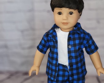 18 inch Doll Clothes - Blue Buffalo Plaid Buttondown Shirt - fits American Girl - for boy or girl doll