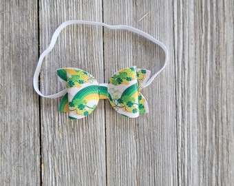 18 inch Doll Clothes - Rainbow Clover Bow Elastic Headband - GREEN YELLOW WHITE - fits American Girl & Wellie Wisher