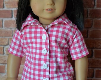 18 inch Doll Clothes - Pink Gingham Buttondown Shirt - PINK WHITE - fits American Girl - for boy or girl doll