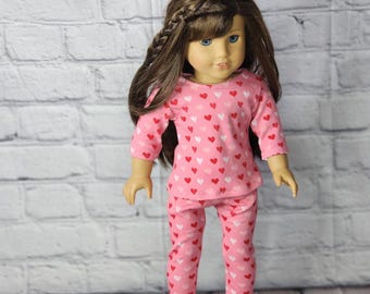 Doll Pajamas - 18 inch doll - Heart Stripes - 2 piece lounge wear - PINK RED WHITE - fits American Girl - for Boy or Girl Doll
