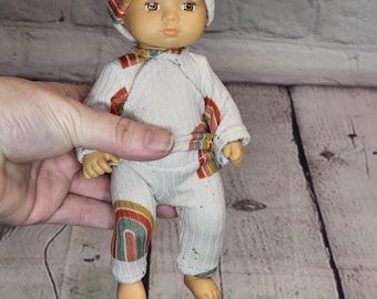 8 inch Baby Doll Clothes - Neutral Rainbow Ribbed Knit Top, Pants and Hat - 3 piece - fits American Girl Caring for Baby Doll ONLY
