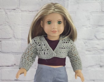 18 inch Doll Clothes - Crocheted Button Lacy Shrug Sweater - Long Sleeve - Ash GRAY GREY - fits American Girl