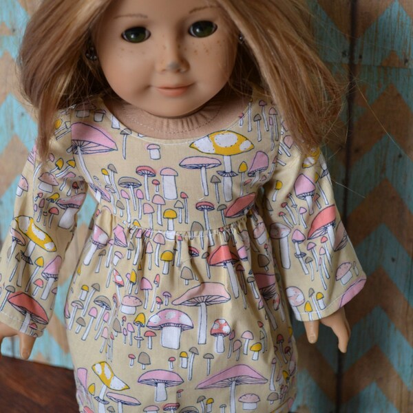 18 inch Doll Clothes - Mushroom Forest Swing Dress - TAN BROWN YELLOW - fits American Girl