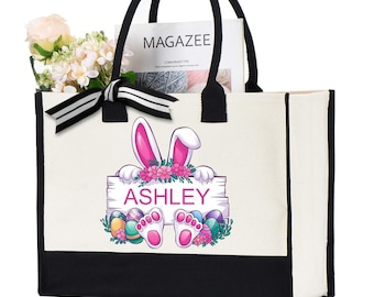 Custom Easter Tote Bags, Easter Gift for Kids, Personalized Easter Bags, Easter Bunny Gift Bags, Easter Favors Bag, Vintage Happy Easter Bag