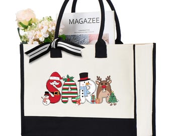 Custom Name Christmas Tote Bag,  Personalized Christmas Gift Bag for Family, Xmas Friend Bag, Christmas Bag for Presents