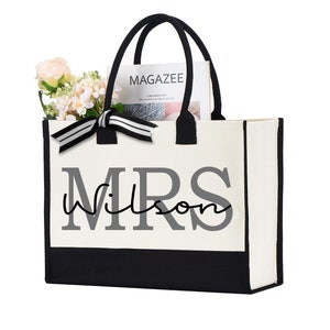 Custom Last Name Tote Bag, Personalized Bride gift, Gift for Bride, Bridesmaid Tote Bag, Honeymoon Bag, Honeymoon gift for Bride, Bride Tote