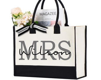 Custom Last Name Tote Bag, Personalized Bride gift, Gift for Bride, Bridesmaid Tote Bag, Honeymoon Bag, Honeymoon gift for Bride, Bride Tote