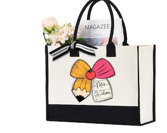 Custom Teacher Coquette Bow Tote bag, Personalized Pencil Coquette Bow bag, Back To School bag, Teacher Appreciation gift, Teacher gift bag