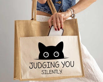 Judging You Silently Jute Tote Bag, Cat Mom Gift