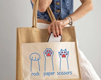 Cat Paws Jute Tote Bag - Rock Paper Scissors - Cat Mom Gift