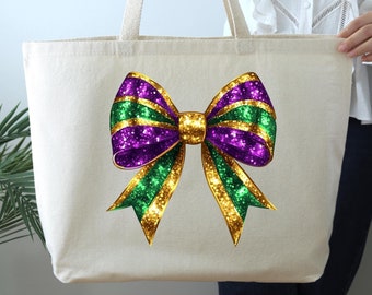 Mardi Gras Tote Bag, Mardi Gras Festival Bag, Mardi Gras Coquette Bow Bag, Gift for Party Lover, Mardi Gras Gift, Mardi Gras, Louisiana Bag