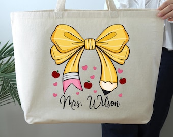 Custom Teacher Name Tote Bag, Pencil Bow Bag, Gift For Teacher, Personalized Teacher Gift, Teacher Gift,, Pencil Bow Bag, Back to School