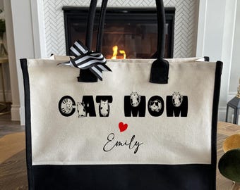Custom Cat Canvas Tote Bag, Personalized Cat Mom Gift