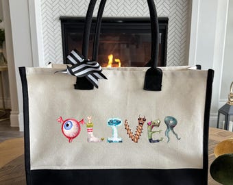 Custom Text Monster Canvas Bag, Personalized Name Tote