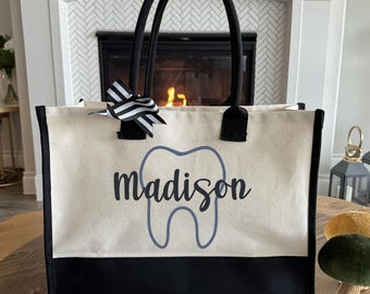 Custom Name Dentist Canvas Tote Bag, Dental Hygienist & Assistant Graduation Gift